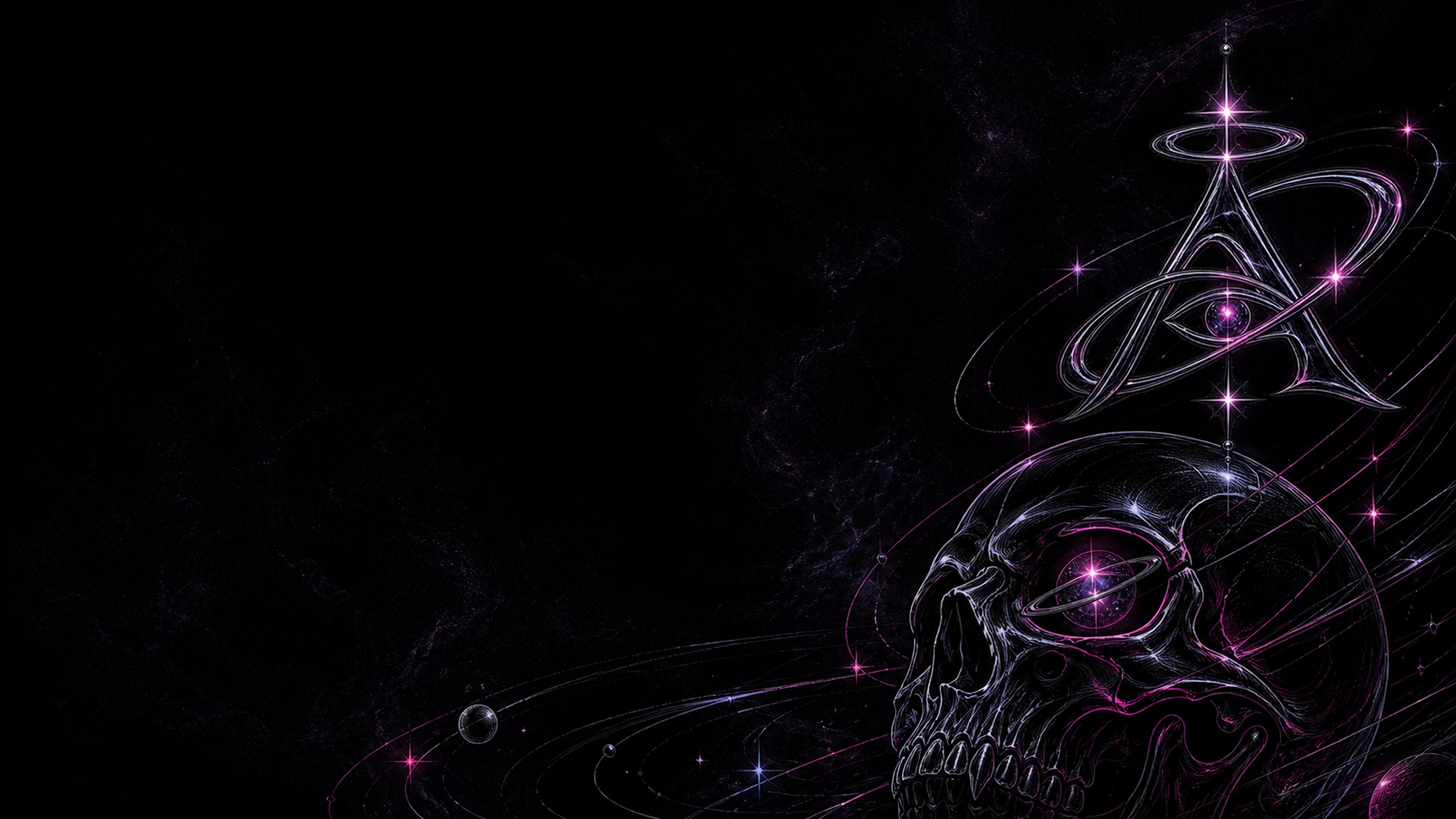 Outlined cosmic skull and AWYKN monogram glowing in chrome and electric pink